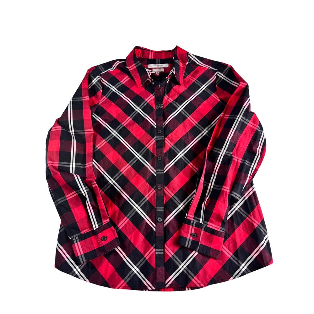 Foxcroft NYC Women's Shirt 12 Shaped Wrinkle Free Red Black Plaid Button Down